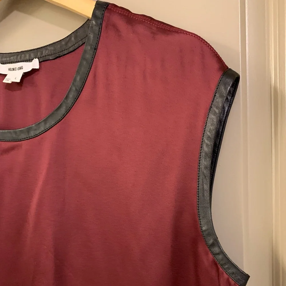 Helmut Lang Satin Burgundy With Black Lamb Leather Trim Tank Top Size L - Picture 4 of 10